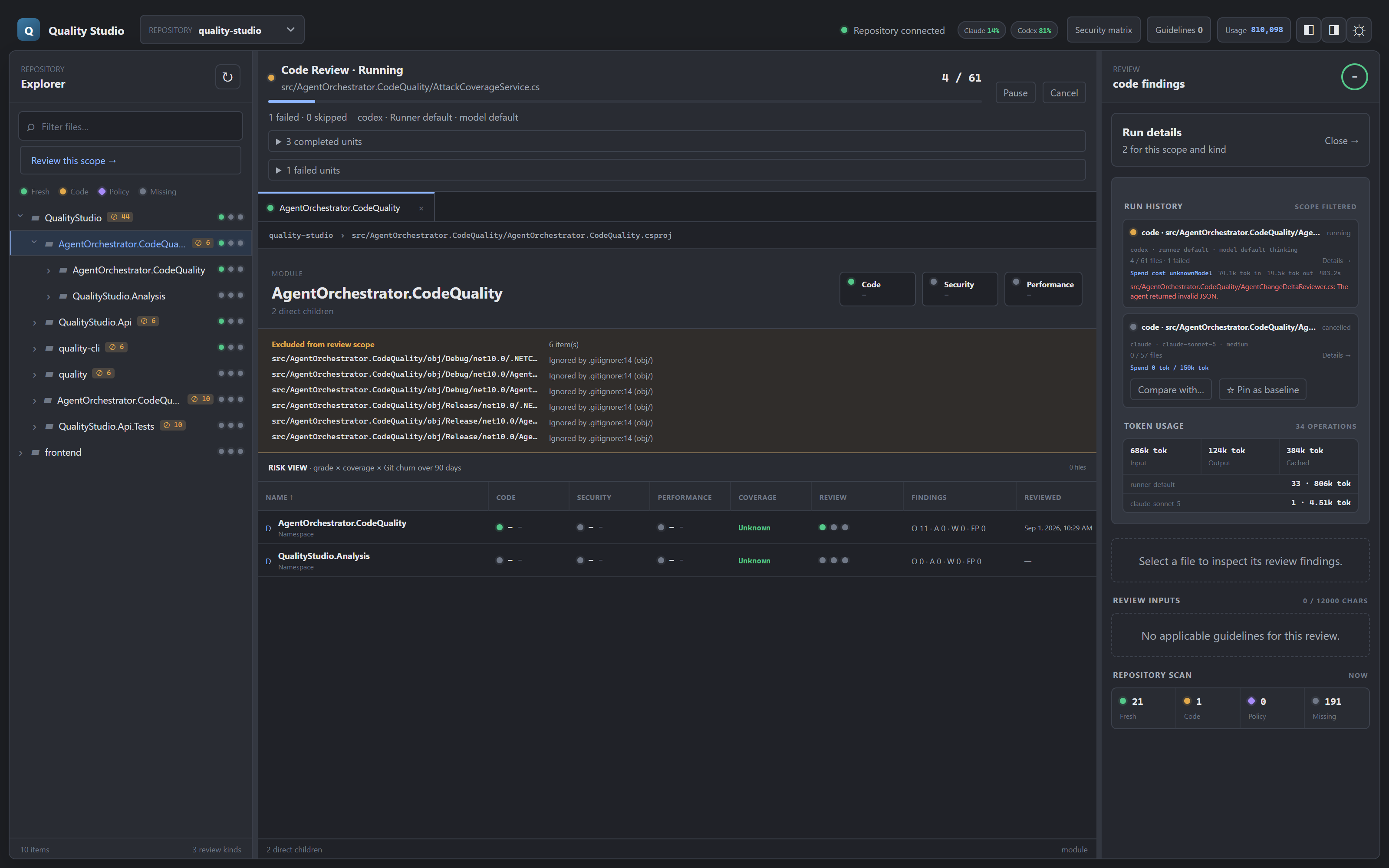Ein laufendes Code-Review in Quality Studio: Fortschritt je Datei, Pause und Abbruch, Lauf-Historie und ein Live-Panel der Token-Nutzung