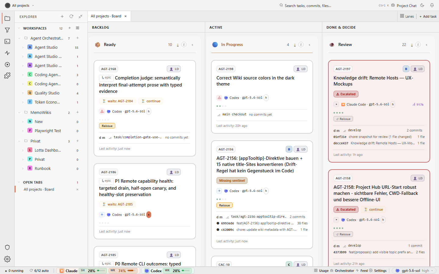 Agent Studio task board with Backlog, Active, and Done & Decide columns showing task cards, agent and model assignment, run state, and review evidence.
