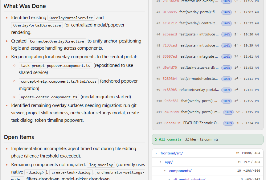 Agent Studio task detail cropped to the protocol verdict beside the task commit list and changed-file tree.