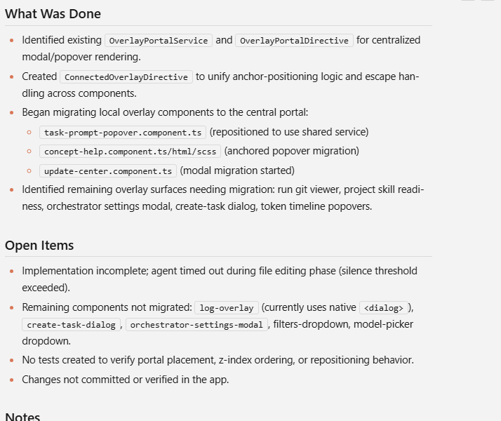 Agent Studio task protocol pane cropped to the What Was Done and Open Items review summary.