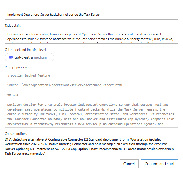 The Start task dialog contains the proposed title, details, CLI, model, thinking level, prompt preview and recorded decisions.