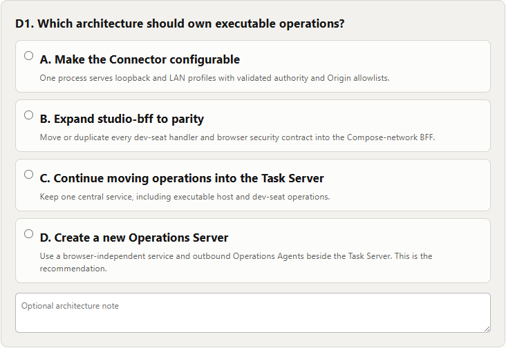 A Dossier asks which architecture should own executable operations, with four choices and an optional comment.