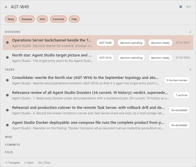 Global search for AGT-W49 shows matching Dossiers above task results.