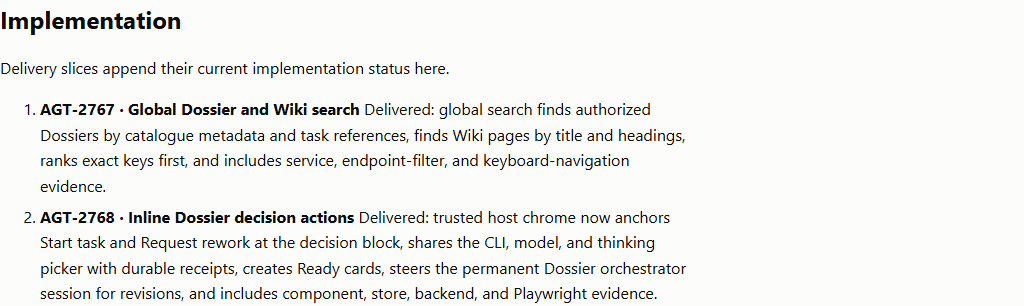 The implementation section lists delivered tasks AGT-2767 and AGT-2768 with their summaries.