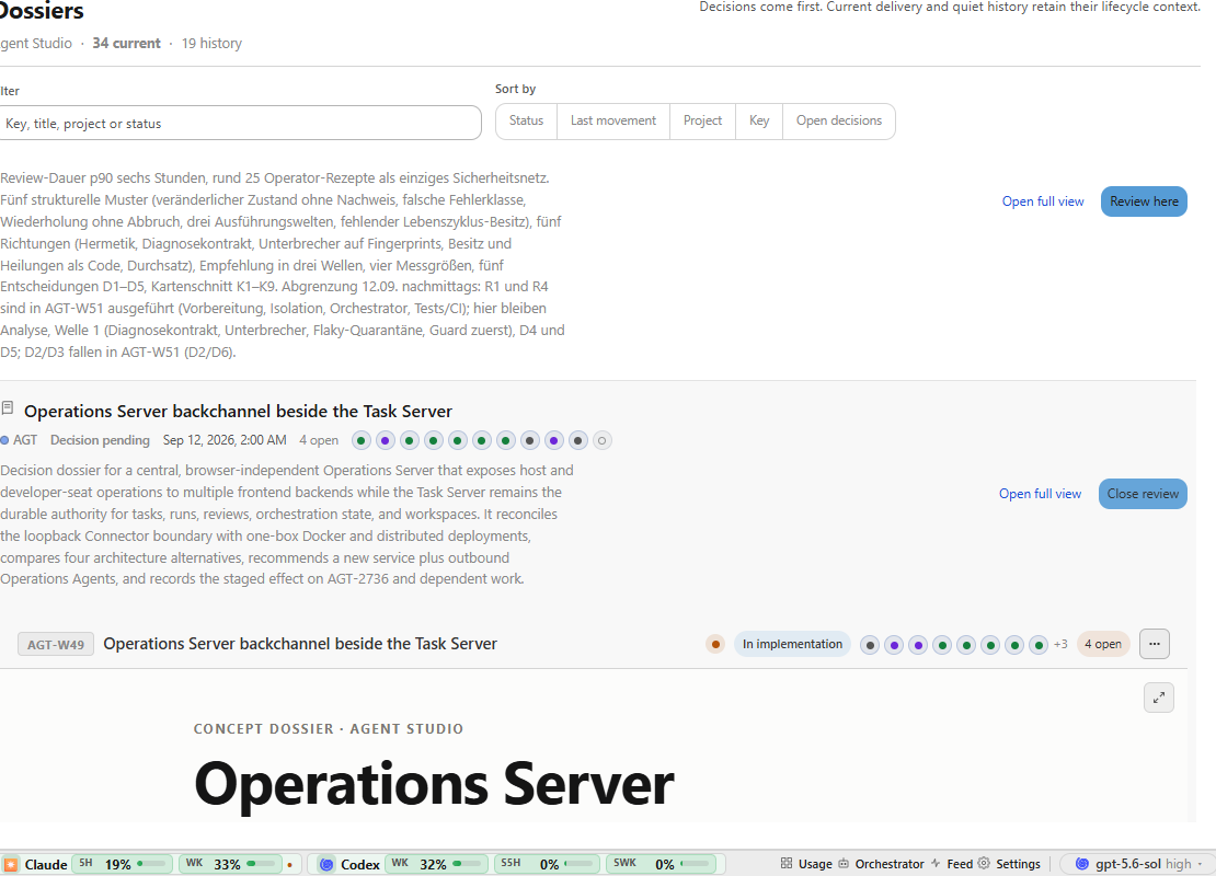 An expanded Dossier shows its key, status, linked cards, decision count and embedded document.