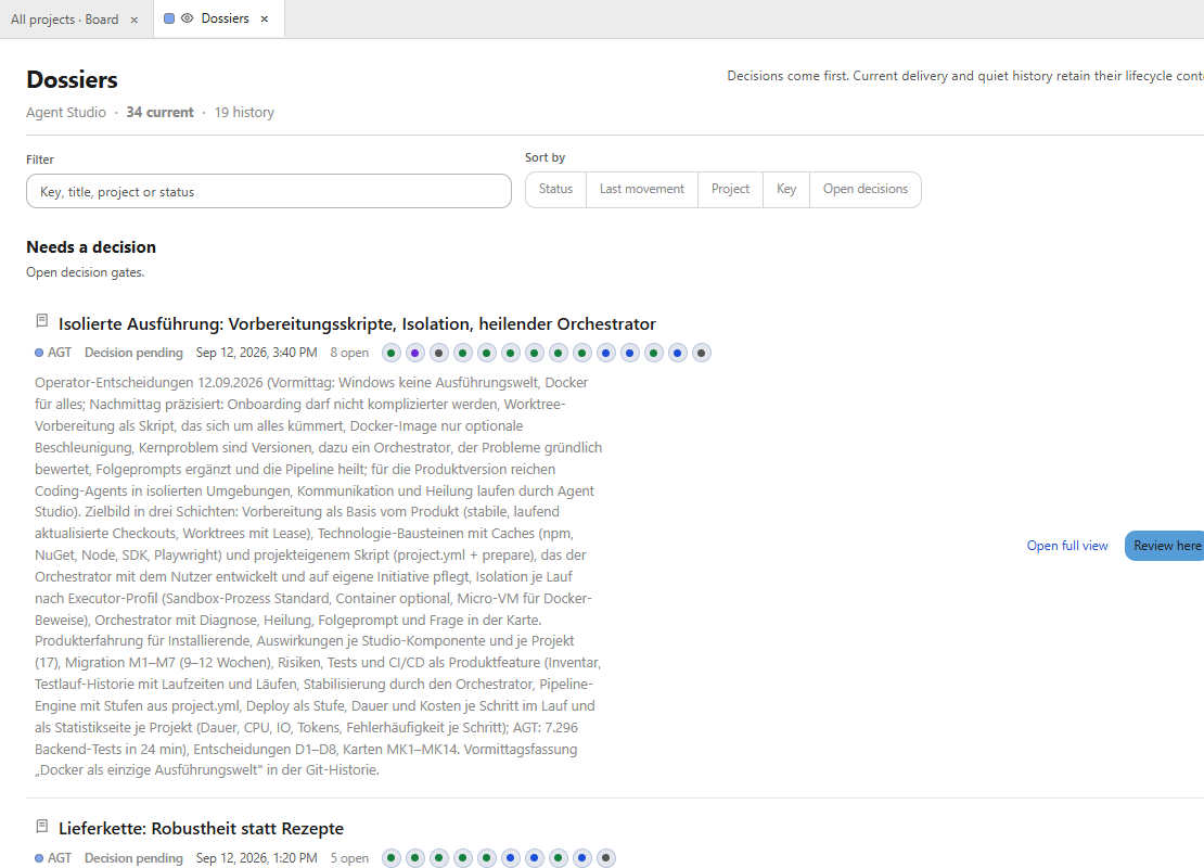 Dossiers overview with decision groups, filters, summaries and inline review actions.