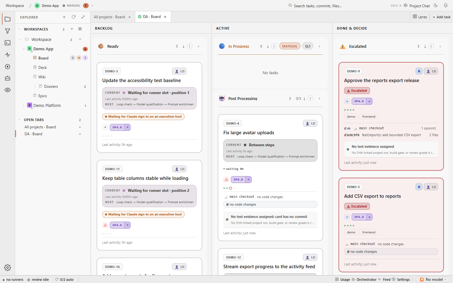 Agent Studio board overview with project tree, task lanes, task cards, runner state, and usage summary.