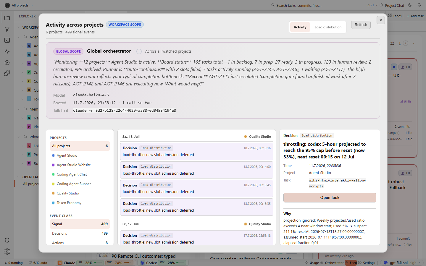 Agent Studio activity across projects showing a global orchestrator summary and a searchable feed of decisions and signal events grouped by project and event class.