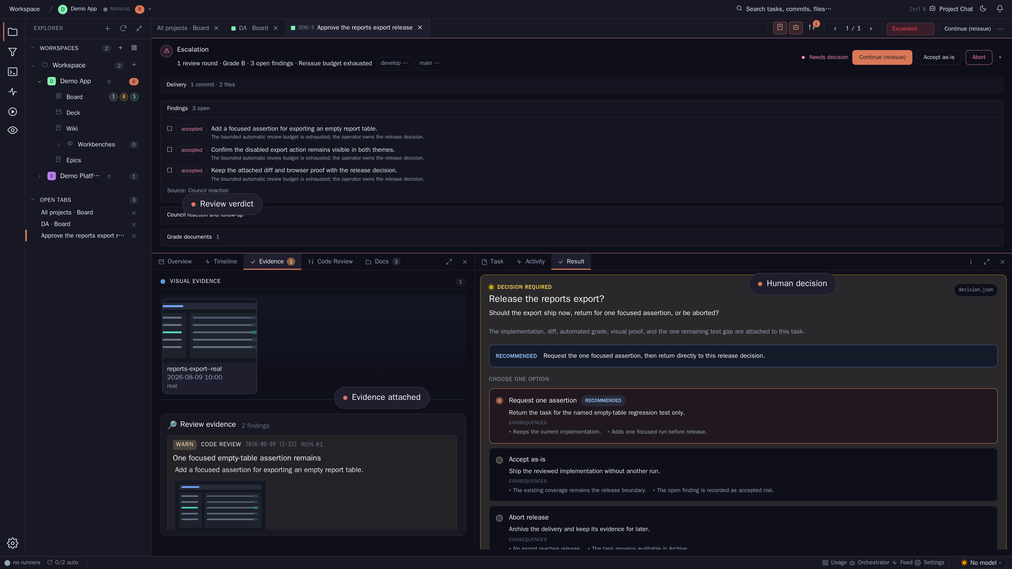 Pinned task detail with review evidence, screenshot proof, escalation summary, and operator decision options.