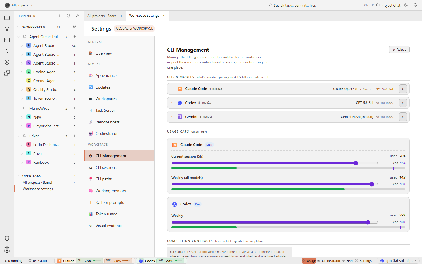 Agent Studio workspace settings showing CLI management for Claude Code, Codex, and Gemini with their models, fallback routes, and per-CLI usage caps.