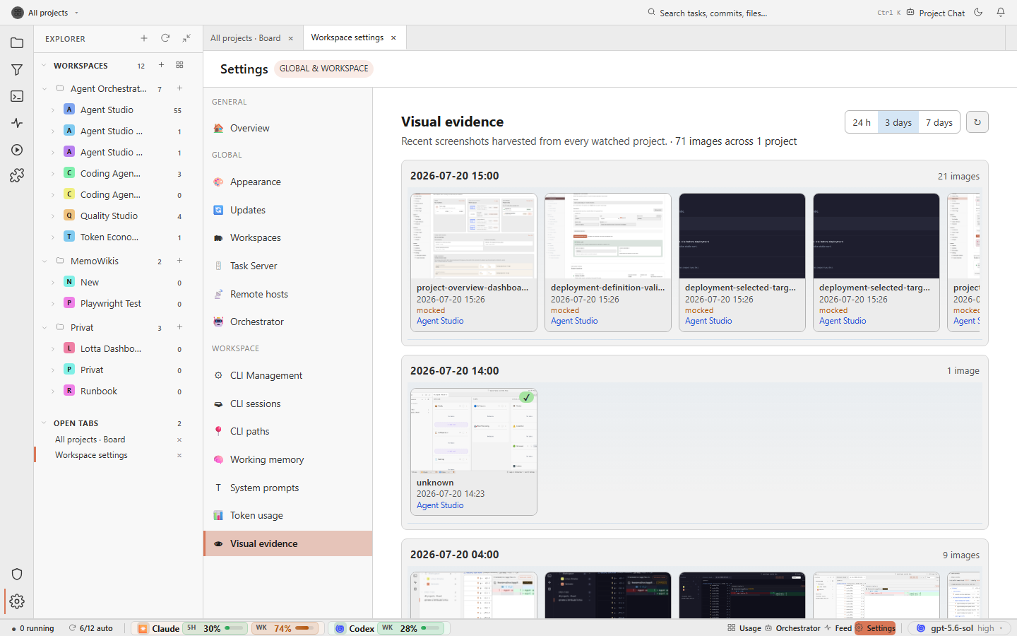 Agent Studio visual evidence settings showing screenshots harvested from watched projects, grouped by capture time with project labels.