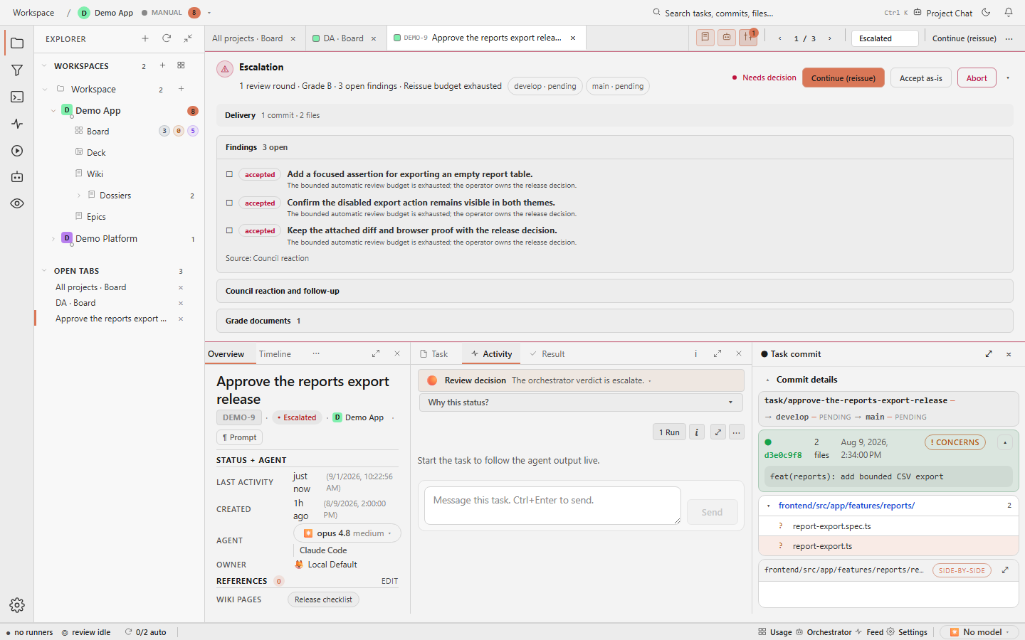 Task detail view with prompt, protocol, and Git panes visible side by side.
