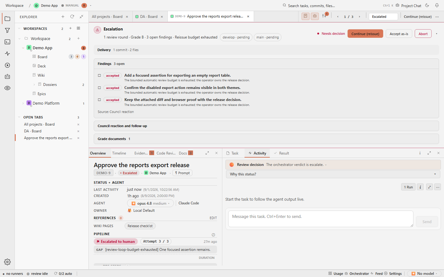 Task detail Activity tab with run activity and follow-up composer.