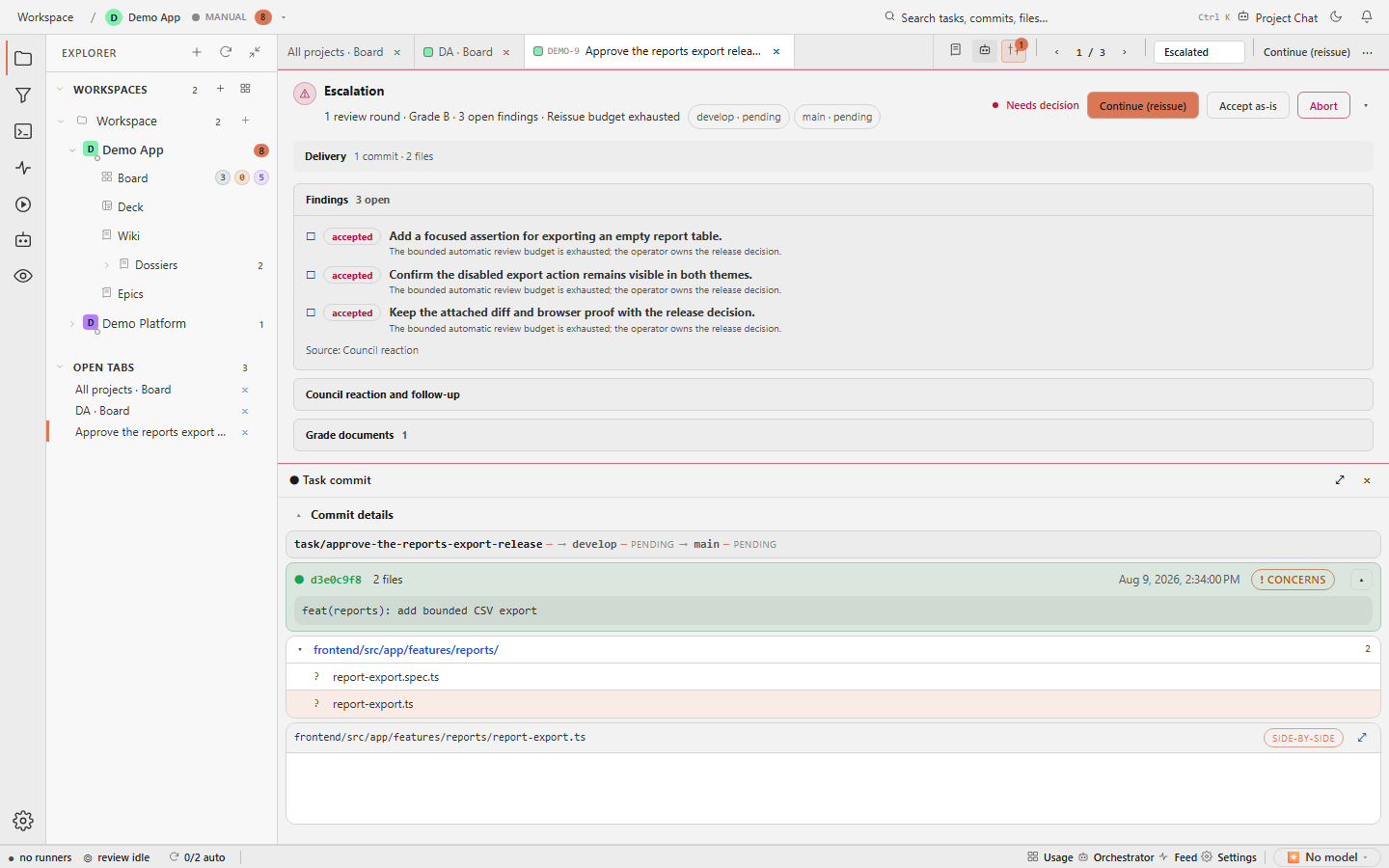 Task detail focused on the Git pane with commits and changed files visible.
