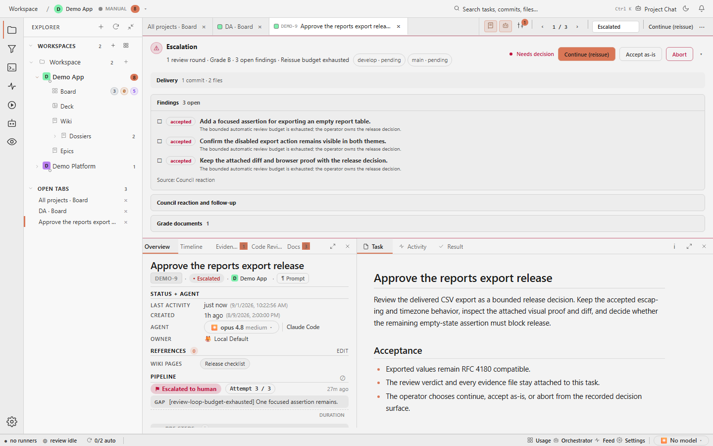 Task detail overview tab with task status, agent configuration, references, and pipeline progress.