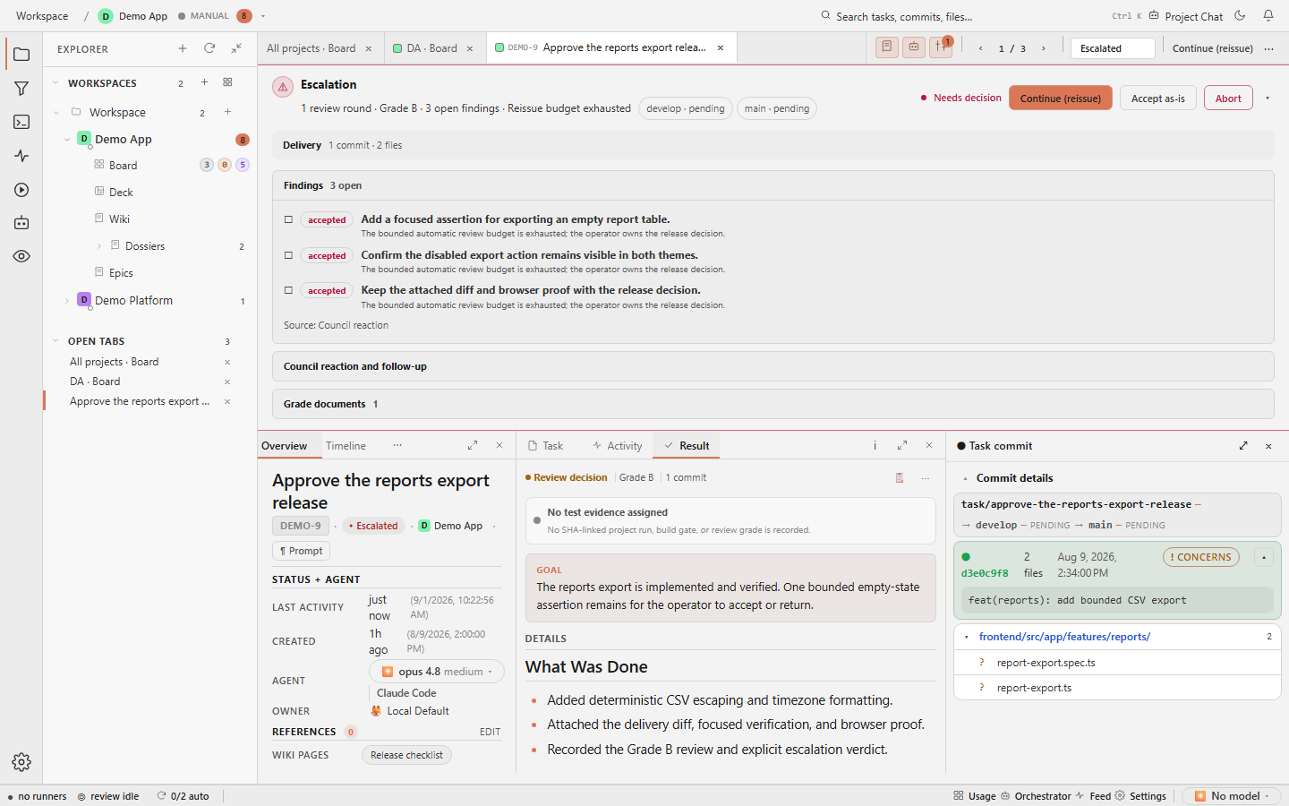 Task detail view for a quality-gate task with protocol, Git evidence, and review context.