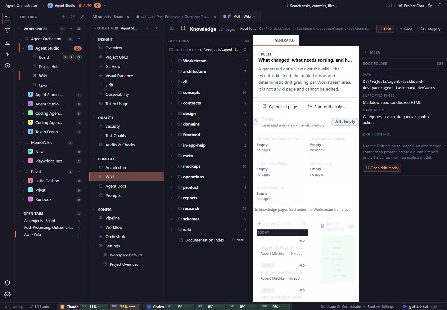 Agent Studio Wiki with the generated Pulse overview, change feed, and needs-sorting column visible.